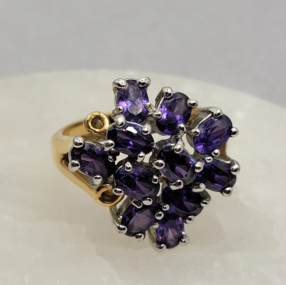 Vintage Gemstone Cluster Cocktail Ring  Amethyst Gold Tone